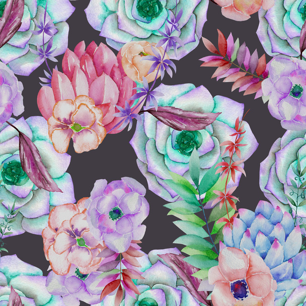 A seamless pattern with the succulents, flowers, leaves and branches - Φωτογραφία, εικόνα