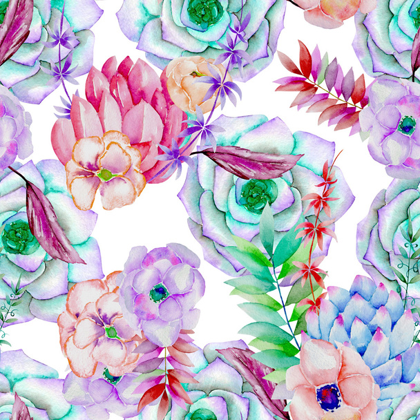A seamless pattern with the succulents, flowers, leaves and branches - Foto, afbeelding