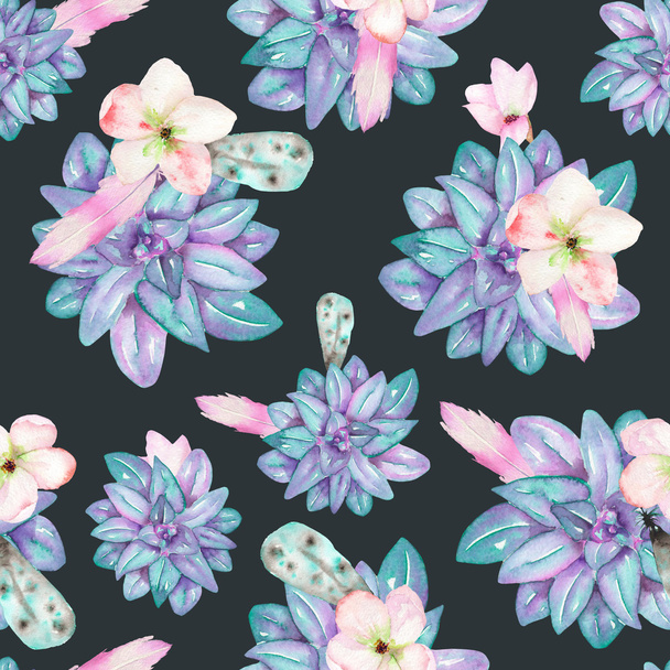 A seamless pattern with the watercolor flowers, feathers and succulents - Zdjęcie, obraz