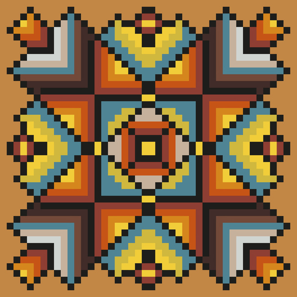 Floral pixel art pattern in warm colors on a light brown background - Διάνυσμα, εικόνα