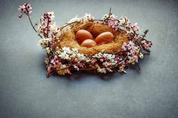 Nest with spring flowers and eggs on gray - Photo, Image