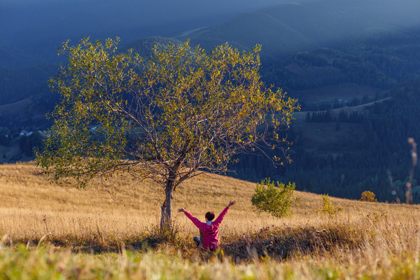 Jovencita levanta las manos mientras está sentada bajo el árbol de una montaña
 - Foto, Imagen