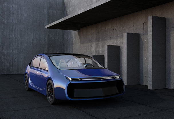 Blue electric car in front of geometric object - Photo, Image