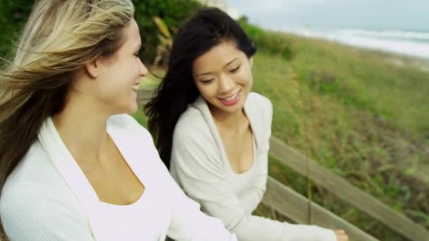 Mulheres desfrutando de ar fresco na praia
 - Filmagem, Vídeo
