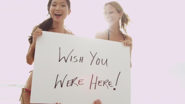 Mädchen am Strand mit Hinweistafel - Filmmaterial, Video