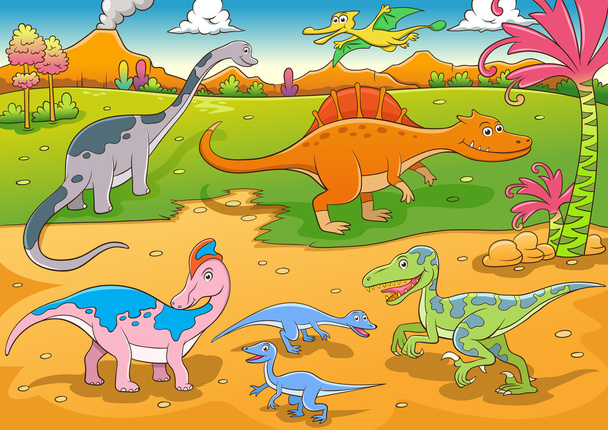 иллюстрация карикатуры на милых динозавров
 - Вектор,изображение