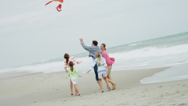 Οικογένεια που διασκεδάζει με χαρταετό στην παραλία - Πλάνα, βίντεο