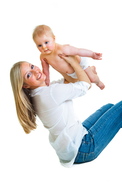 Mother holding cute infant girl isolated on white - Foto, Bild
