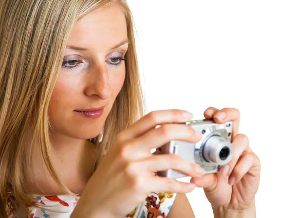 Woman taking photos isolated on white - Foto, immagini