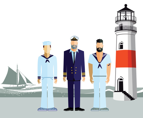 Tři námořníky na pobřeží - Vektor, obrázek