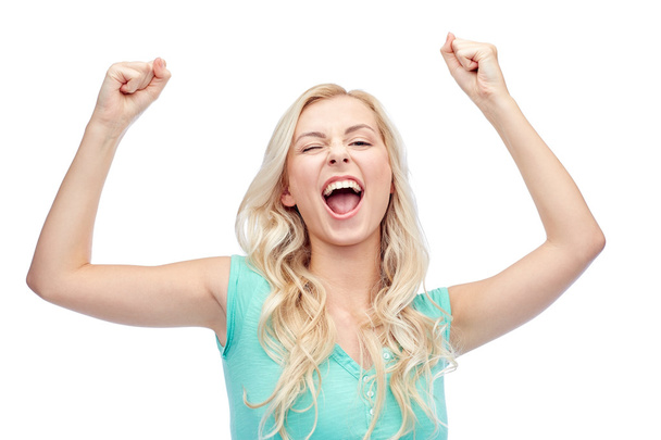 happy young woman or teen girl celebrating victory - Foto, Imagem