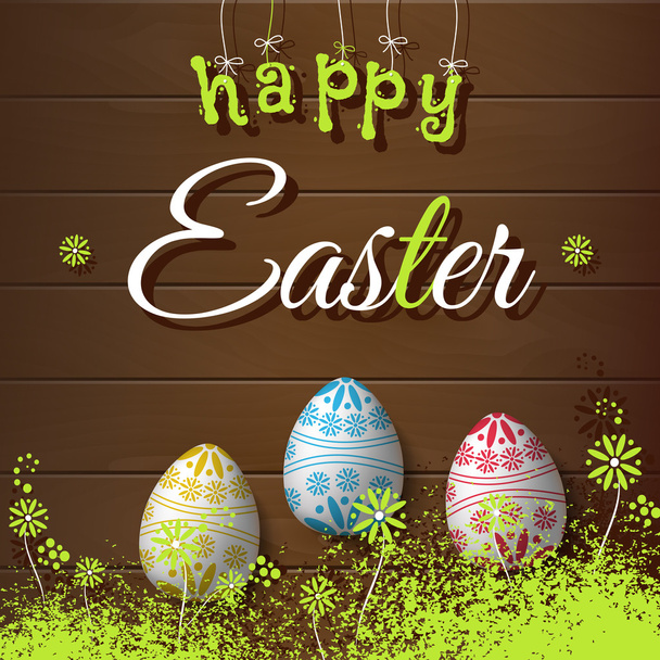 Huevos de Pascua sobre fondo de madera. Ilustración vectorial. Feliz tarjeta de Pascua
. - Vector, imagen