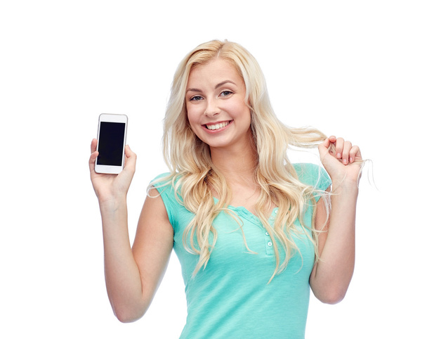 happy young woman or teenage girl with smartphone - Foto, afbeelding