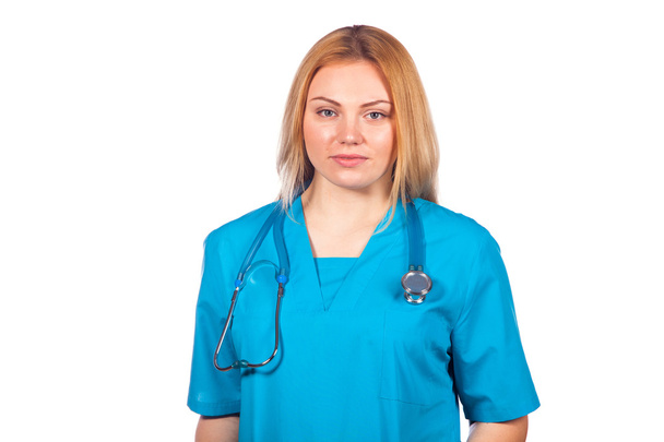 healthcare, profession, people and medicine concept - medical doctor woman with stethoscope. Isolated over white background. - 写真・画像