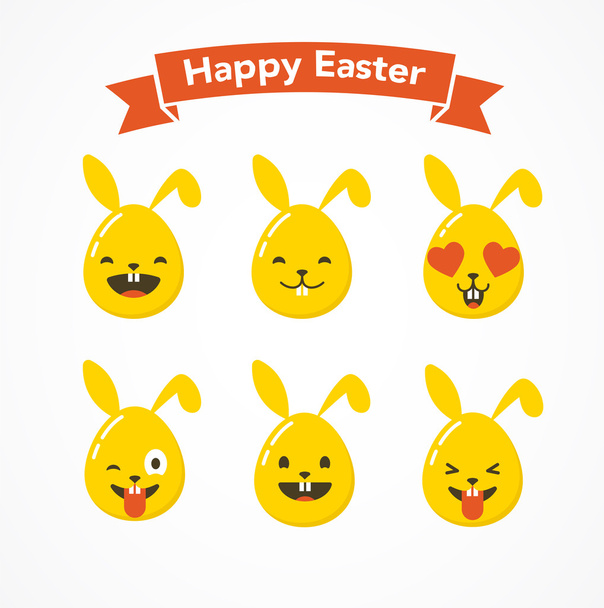 Boldog Húsvét-nyuszi és tojás emoticons, emoji üdvözlőlap - Vektor, kép