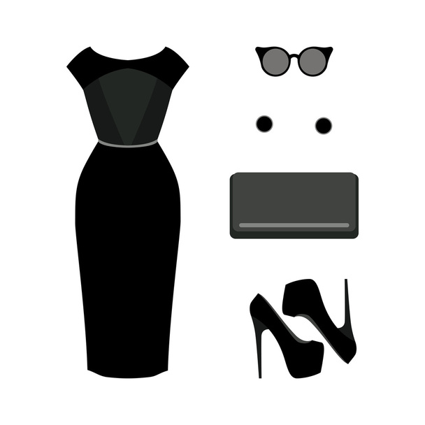 Σετ από μοντέρνα γυναικεία ρούχα. Στολή μαύρο φόρεμα γυναίκα με - Διάνυσμα, εικόνα