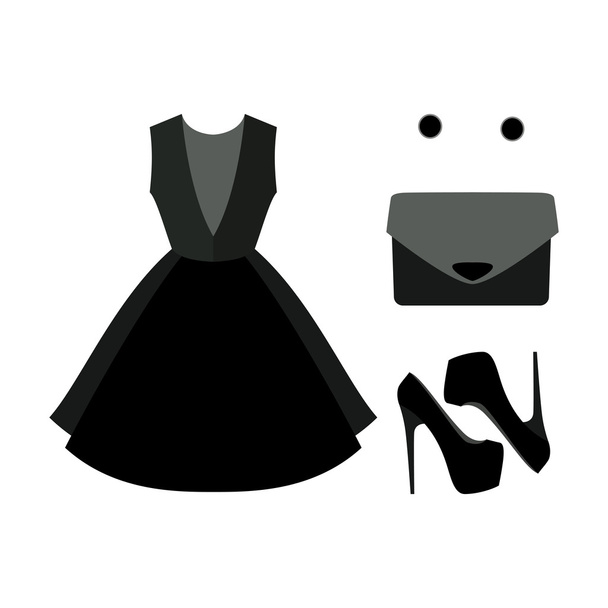 Set of  trendy women's clothes. Outfit of black woman dress with - Vector, Image