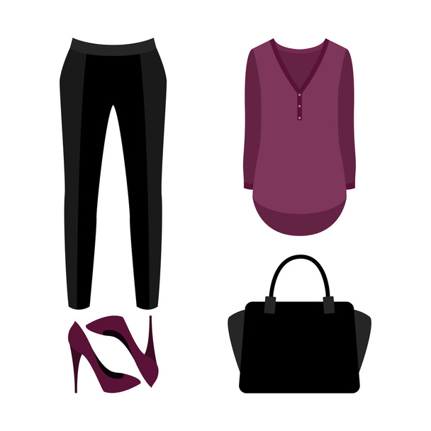Set of  trendy women's clothes. Outfit of woman panties, blouse  - Vector, Image