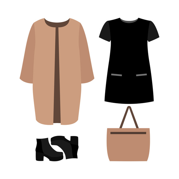 Set of  trendy women's clothes. Outfit of woman coat, dress and  - Vektör, Görsel