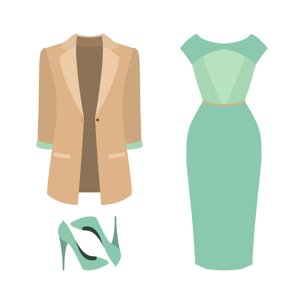 Conjunto de ropa de mujer de moda. Traje de vestido de mujer, chaqueta y
 - Vector, Imagen