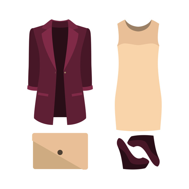 Set of  trendy women's clothes. Outfit of woman dress, jacket an - Vector, Image