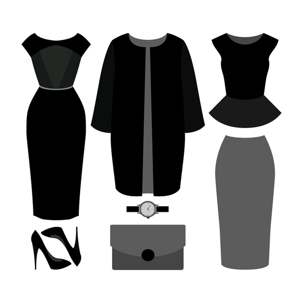 Set trendiger Frauenkleidung. Outfit der Frau Mantel, Kleid, Ski - Vektor, Bild