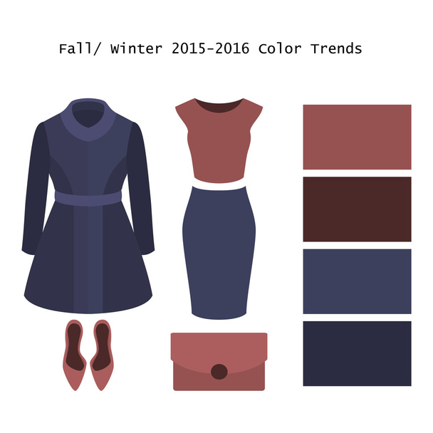 Set of  trendy women's clothes. Outfit of woman coat, skirt, top - Vector, Image