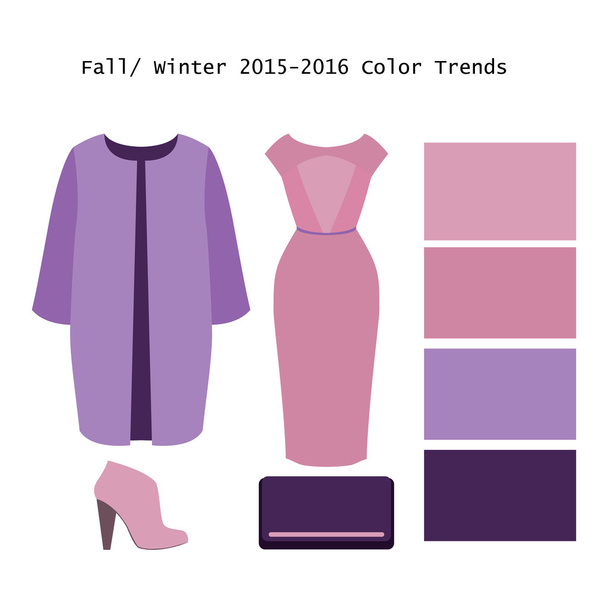 Set of  trendy women's clothes. Outfit of woman coat, dress and  - Vector, Image