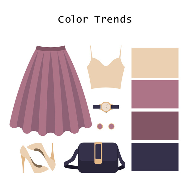 Set of  trendy women's clothes. Outfit of woman top, skirt and a - Vector, Image
