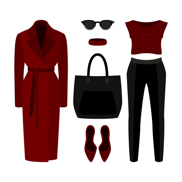 Set of  trendy women's clothes. Outfit of woman coat, panties, b - Vector, Image