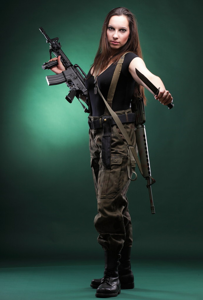 Army Woman With Gun - Beautiful woman with rifle plastic - Fotó, kép