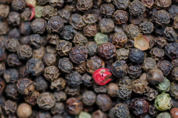 Peppercorn rojo en grupo de granos de pimienta negra
 - Foto, imagen