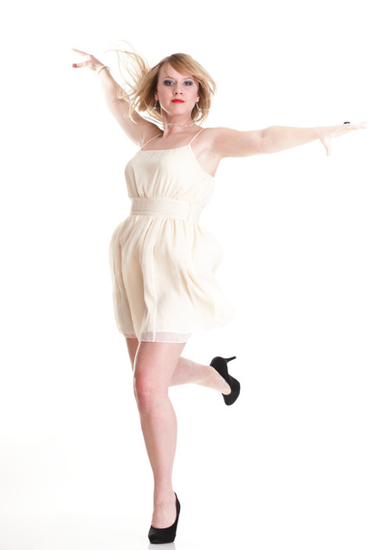 Young female Happy woman jumping with arms up isolated - Foto, afbeelding