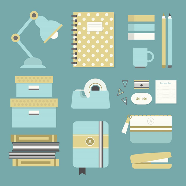 Material de escritório azul e amarelo moderno e conjunto de ícones de papelaria - Projeto plano
 - Vetor, Imagem