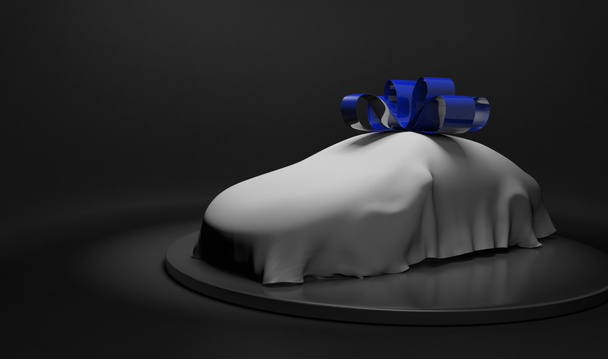 3D samochód zawinięty w białym prześcieradłem i błyszczące kokarda niebieski - Zdjęcie, obraz