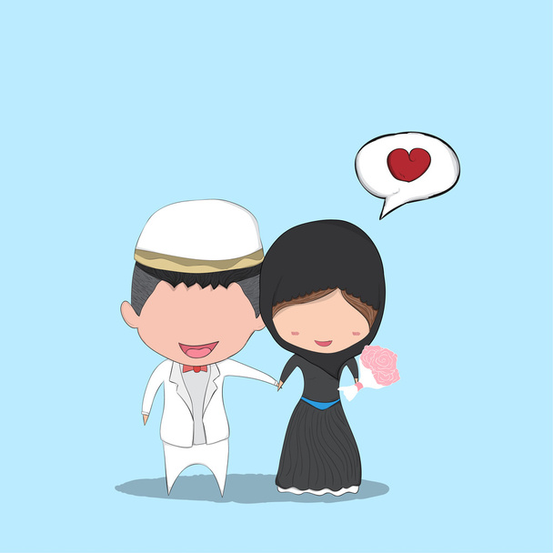 Cute cartoon Wedding couple men and women islam marriage, cute V - Vector, Image
