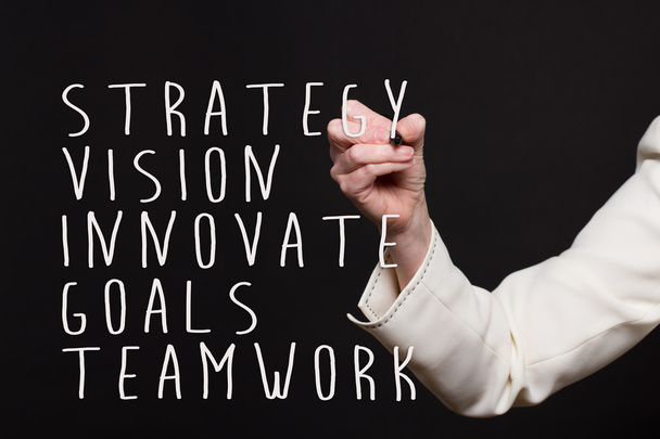 Frau im Businessanzug schreibt - Strategie, Vision, Innovation, Ziele, Teamwork - Foto, Bild