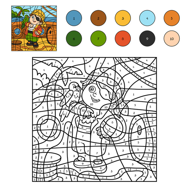 Color by number for children (pirate boy and parrot) - Vector, Image
