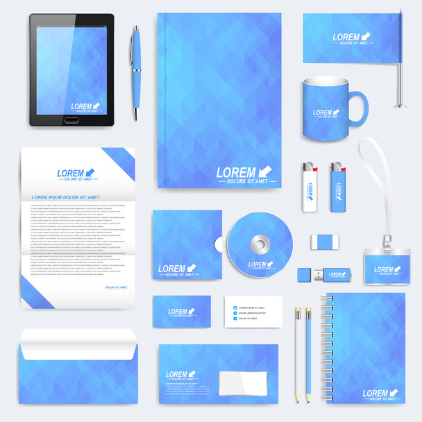 Blue set of vector corporate identity template. Modern business stationery mock-up. Background with blue triangles. Branding design - Vector, Image