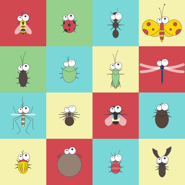 ベクトル フラット ライン面白い漫画バグ昆虫セット - ベクター画像