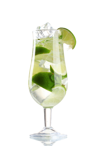 Glass of cocktail with lime and mint isolated on white - 写真・画像