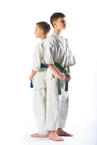boys in kimono during training karate exercises on  white background - Фото, изображение