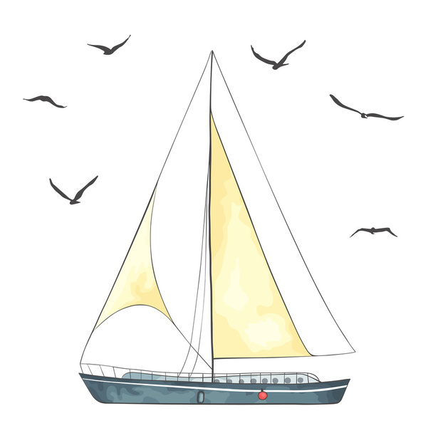 Boat with sails and seagulls - Vector, Image