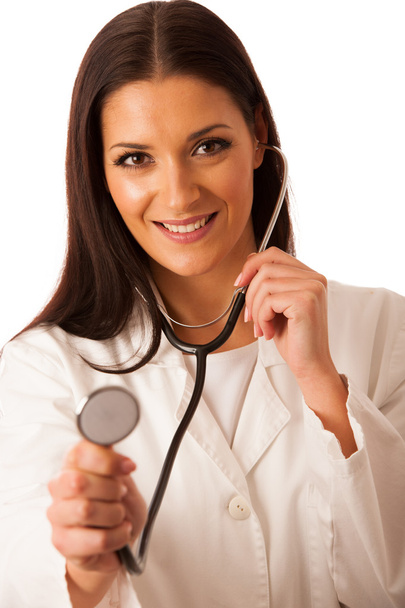 Woman doctor listen to heartbeating with stethoscope. - Фото, изображение