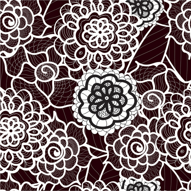 Lace seamless pattern with abstract elements. Vector floral background. Hand Drawn Texture. Decorative Flowers drawing. Doodle artwork. Black and white Zentagle illustration.Bohemian summer ornament. - Вектор,изображение
