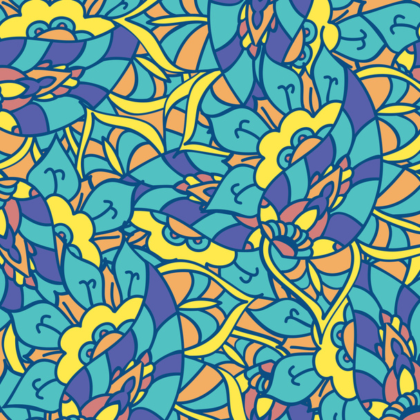 Vector doodle hand drawn pattern. Texture with abstract flowers. Bright backdrop. Summer template. For wallpaper, web page background. Blue colors. Floral elements. - Vettoriali, immagini