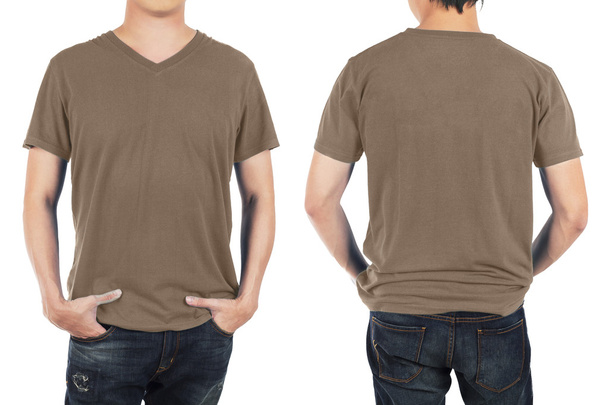 Primer plano del hombre en la camisa marrón delantera y trasera sobre fondo blanco
 - Foto, imagen