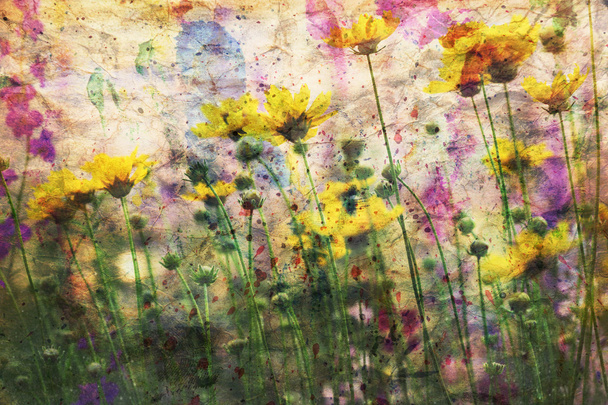 artwork with coreopsis flowers and watercolor splashes - Valokuva, kuva