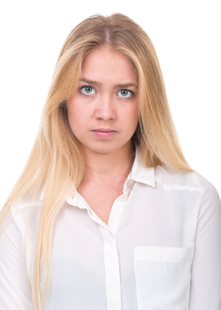 Closeup portrait of sad and depressed woman isolated on white - Photo, Image