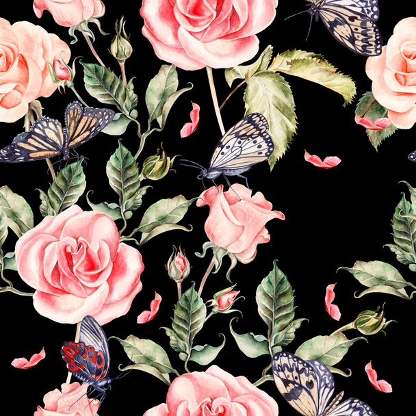 Візерунок з акварельною реалістичною трояндою, півонією та метеликами
. - Фото, зображення